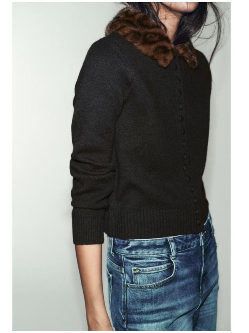 Zara Women's Black Button-Front Sweater Jacket with Brown Faux-Fur Collar - Picture 3 of 4